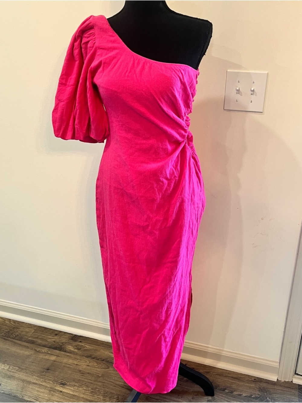 Seven Wonders Hot Pink One Shoulder Cutout Maxi Dress Puff Sleeve Size‎ M NWT